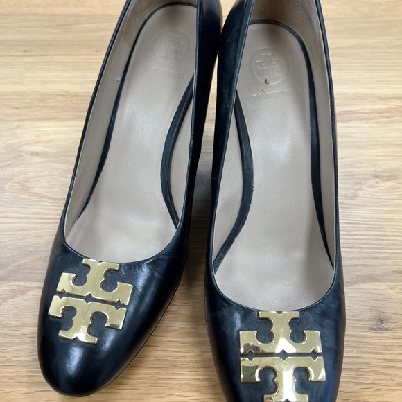 Tory Burch Black Leather Wedge Heels - Picture 2 of 7